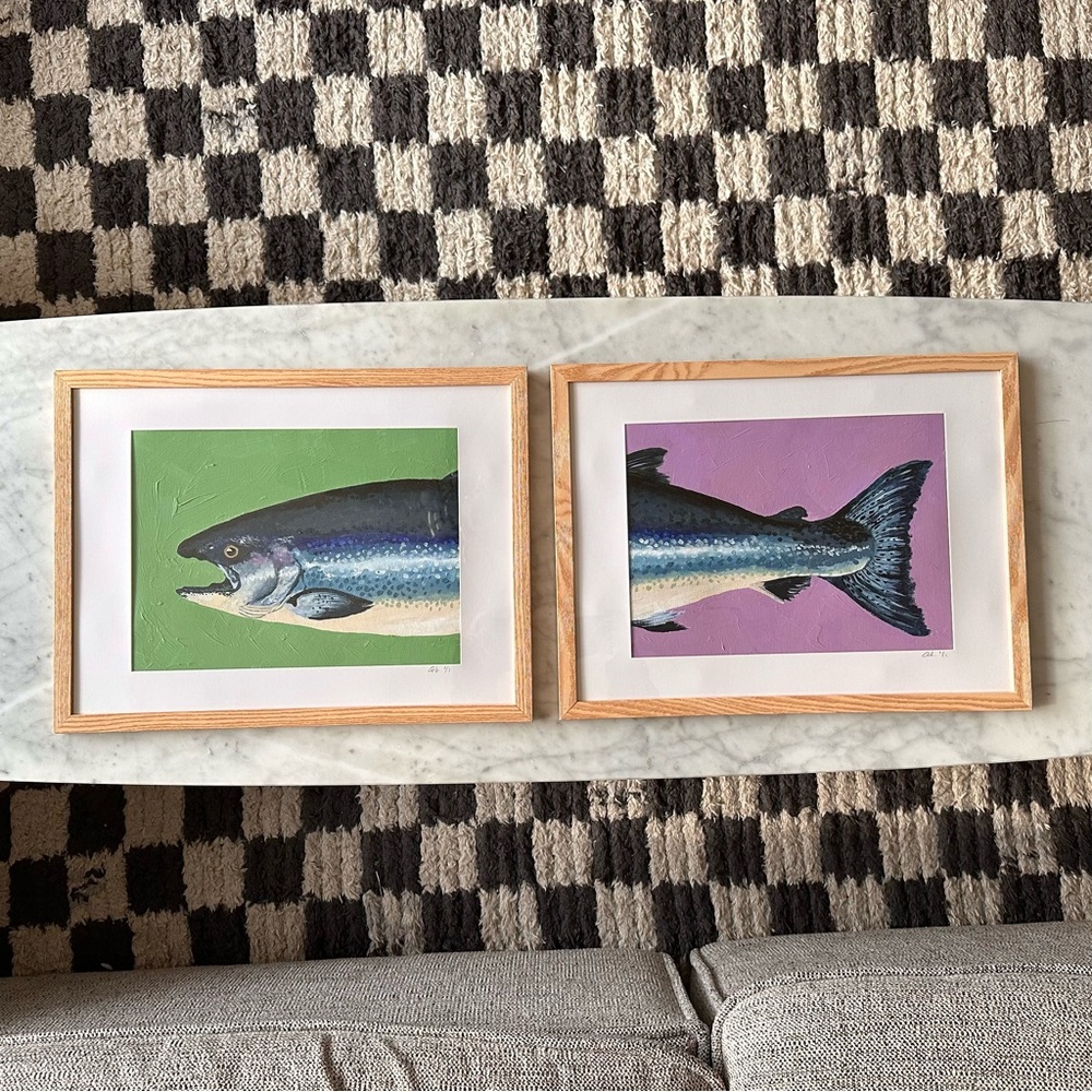 Acrylic Salmon Painting by Local Chicago Artist, Set of 2,
12"x16"